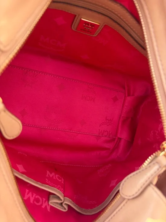 MCM Beige/Pale Pink Monogram Canvas Tote with Striped Trim - Picture 9 of 12